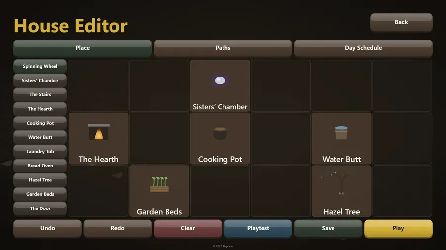 House Editor grid with the Hearth, Cooking Pot, Water Butt, Sisters' Chamber, Garden Beds and Hazel Tree placed in it