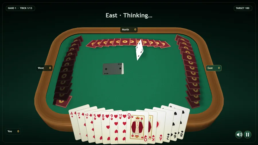 The same first trick, a red Queen raised from your fanned hand; East · Thinking, every player on 0, target 100