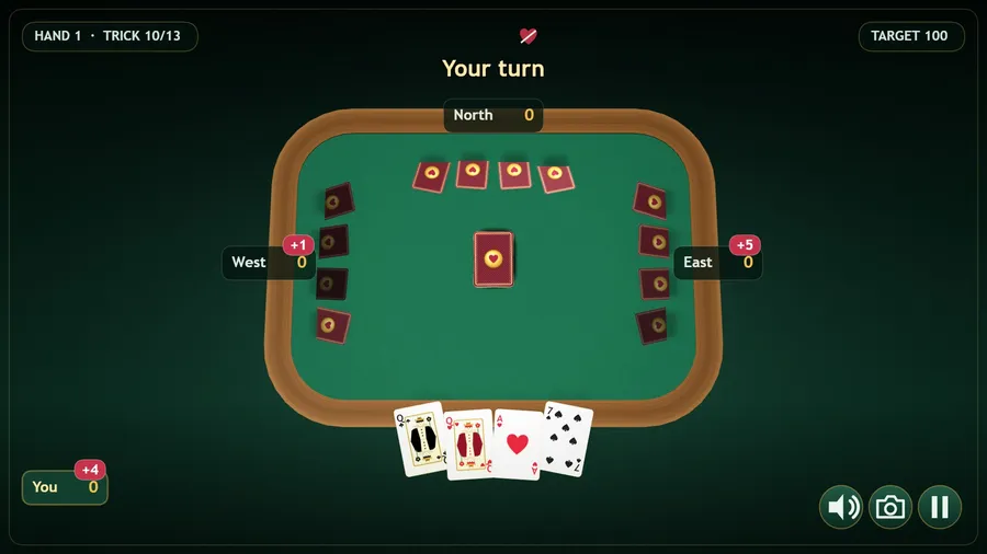 Overhead camera at trick 10 of 13: four cards left in your hand, +1, +5 and +4 tags on the plates, Your turn