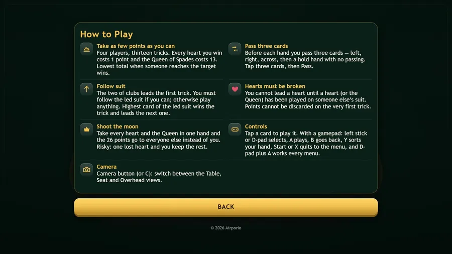 How to Play: take few points, pass three cards, follow suit, hearts must be broken, shoot the moon, controls and camera