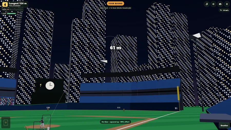 The Foundry at night: a home run climbs past the lit towers toward the upper deck.