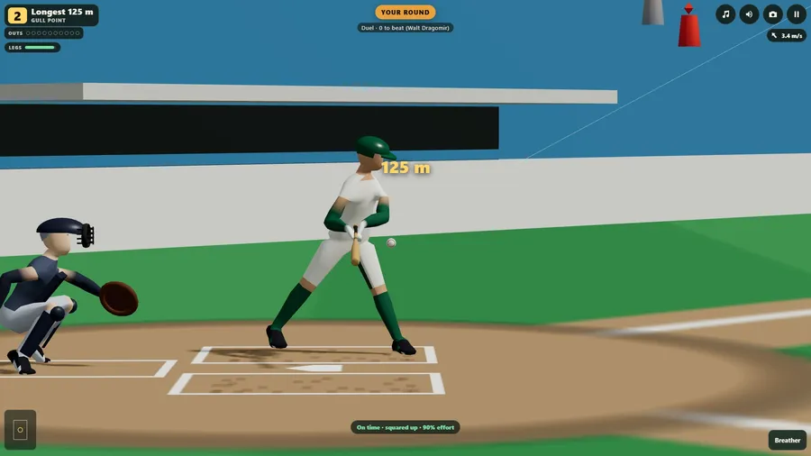 Gull Point from the side: the batter meets the ball out front as the catcher reaches with his mitt.