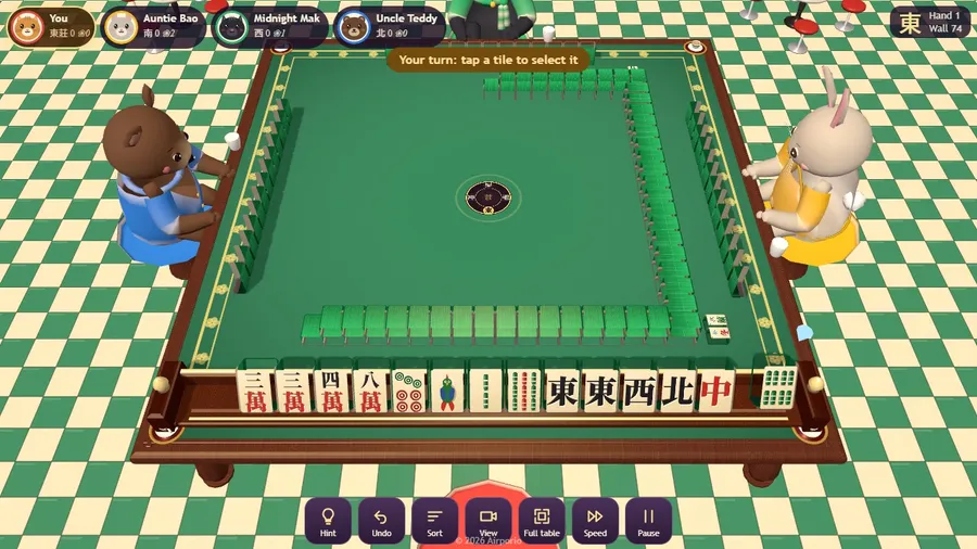 Your first turn: all 13 tiles in view along the bottom, with the wall and the discard river on the felt.