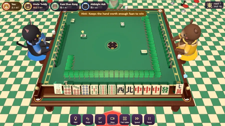 Midgame with a hint: a ring marks the suggested discard and a line explains why.