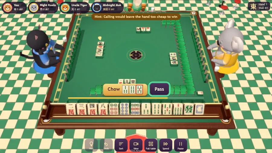 A claim window: buttons to chow, pung or pass appear when an opponent discards a tile you can use.