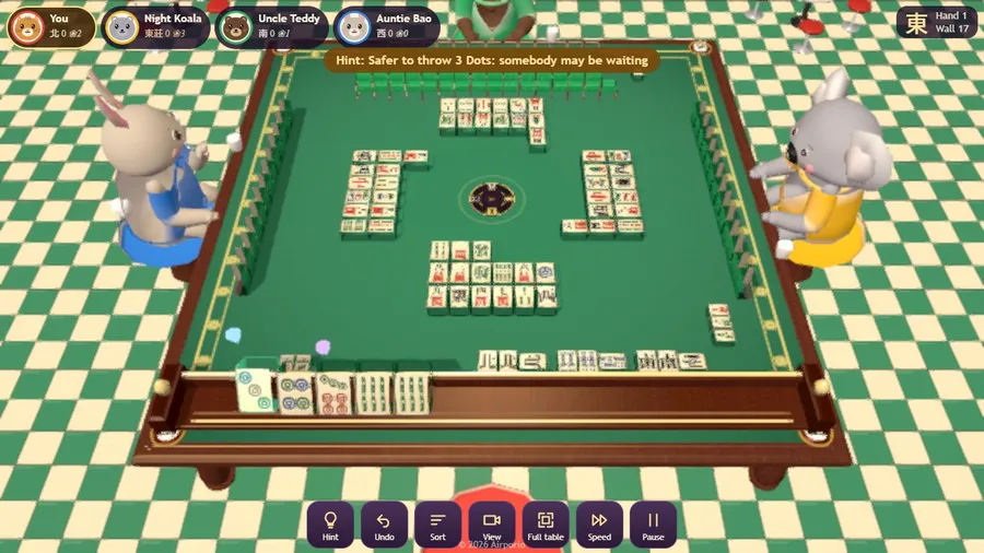 Listening discards: the game shows which tiles would complete your hand, how many remain and the faan each scores.