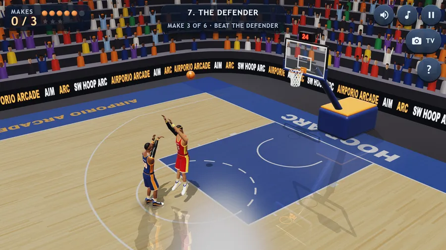 Challenge 7, The Defender: a rival in red leaps with both arms up to contest as the ball flies toward the hoop.
