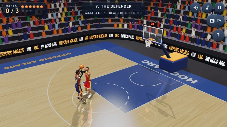 Challenge 7, The Defender: a rival in red leaps with both arms up to contest as the shooter rises with the ball overhead.
