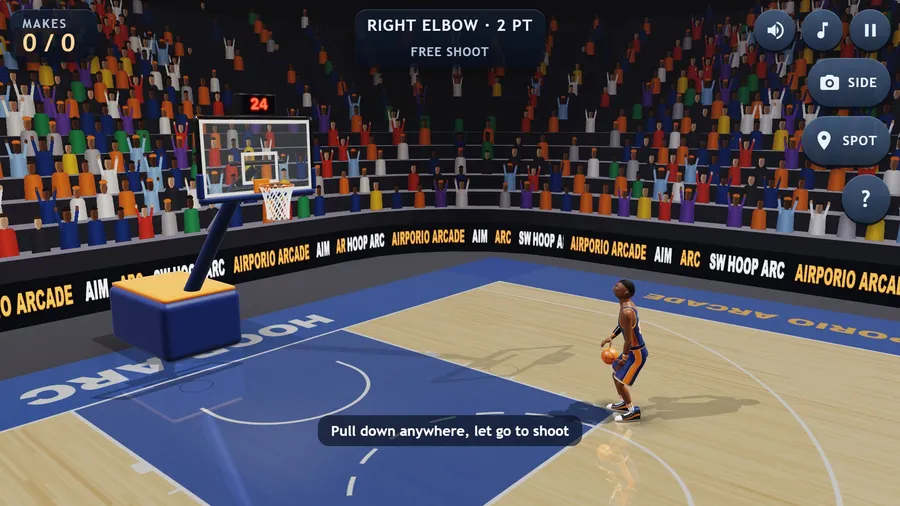 Side view from the right elbow: the shooter holds the ball, ready, above the hint "Pull down anywhere, let go to shoot".