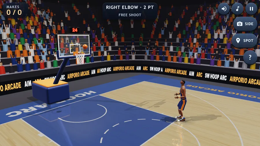 Side view: the ball drops through the ring off the glass backboard while the shooter holds his follow-through.