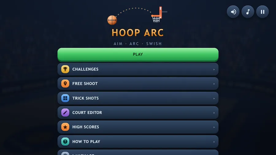 Hoop Arc main menu: Play above Challenges, Free Shoot, Trick Shots, Court Editor, High Scores and How to Play.
