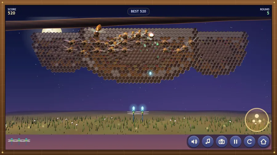 Classic view, round 5: two blue dragonflies fly side by side under the honeybee swarm on its comb