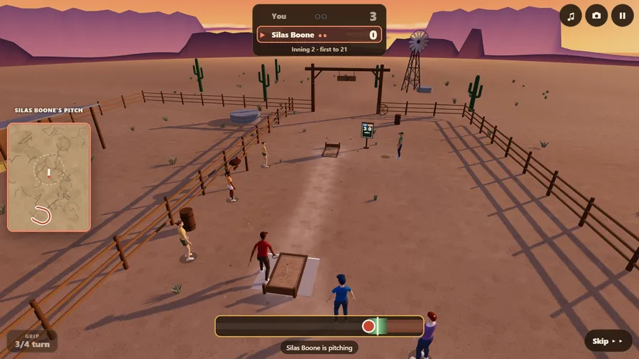 The whole court at the ranch at sunset: the opponent in mid pitch, long shadows across the dust.