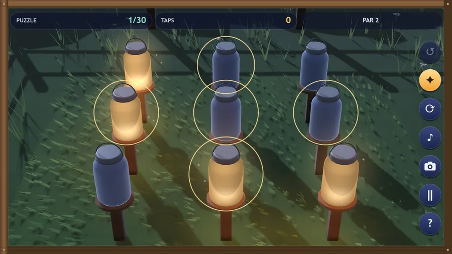 Puzzle 1/30: a 3×3 meadow of lit and dark jars, a finger on the middle one rings the five lanterns it will change