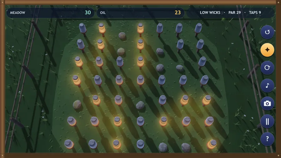 From above: meadow 30, a 7×7 of lanterns with stones in the gaps, par 29, oil 23