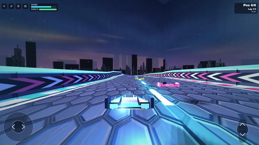 Chase view on the hexagon-plated deck, a magenta rival pulling away ahead right, Pos 6/6 on lap 1