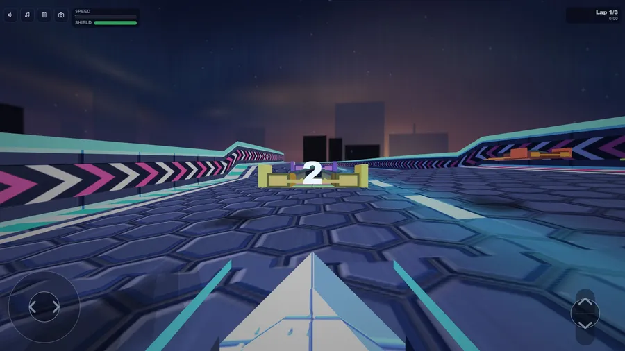 Cockpit view on the starting grid: the ship's white nose below, a gold rival ahead and 2 counting down