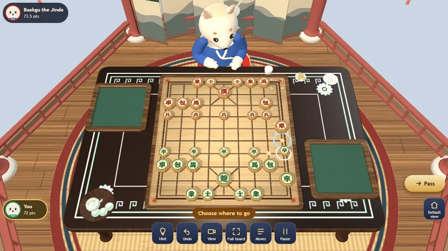Early in a game as Cho: a piece is selected, gold dots show where it can move, and the opponent animal watches.
