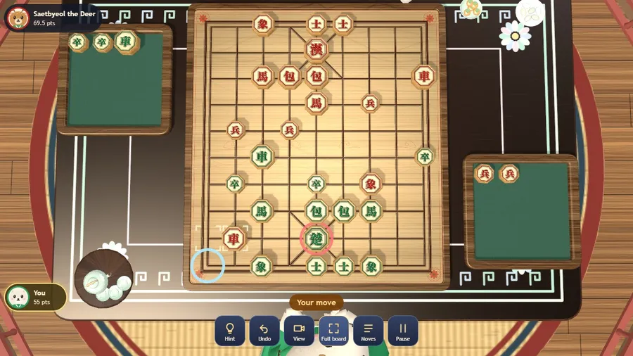 Mid-game with a hint shown by green rings, and the reason the move is good written out.