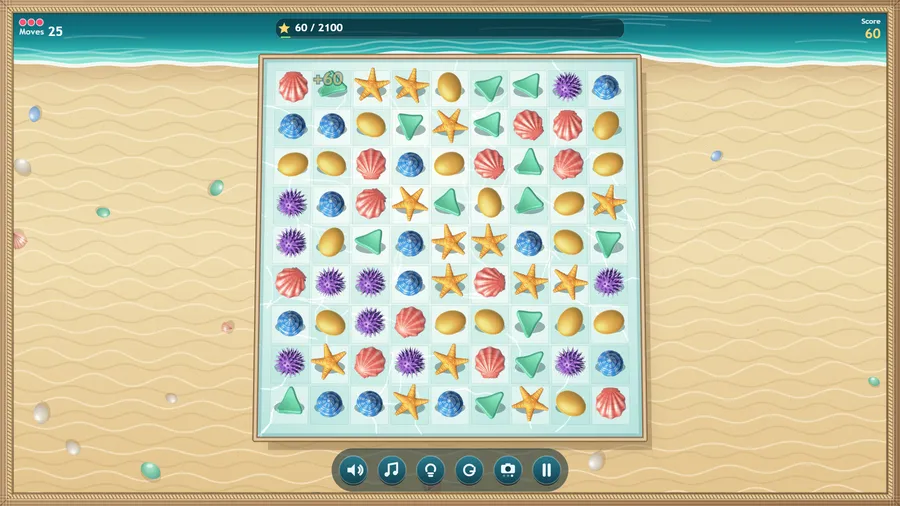 The same pool straight down, one move later, as a line of three clears for +60; Moves 25, goal 60 / 2100
