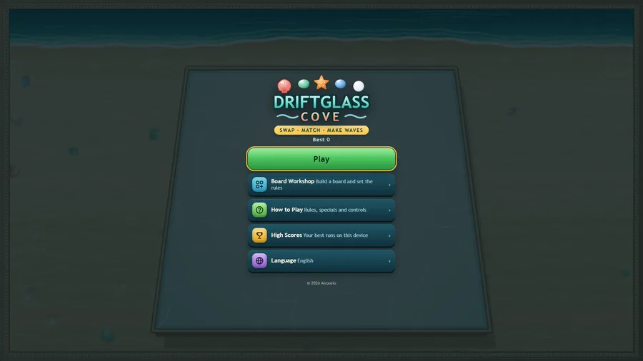 The Driftglass Cove title menu under SWAP · MATCH · MAKE WAVES: Best 0, Play, Board Workshop, How to Play