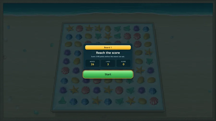 Board 1 card, Reach the score: Score 2100 points before the moves run out, with Moves 26, Lives 3, Score 0 and Start