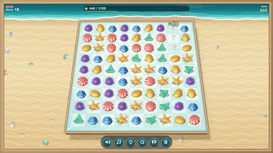 A board with a star-score goal bar at 660 of 2,100 and a +60 pop as a match clears, 18 moves left.