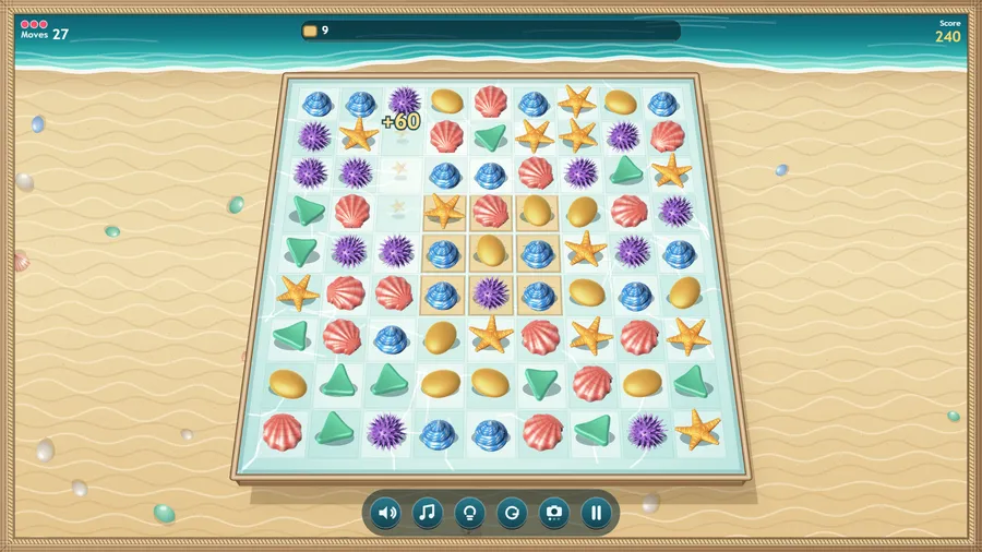 A second board with a block of sandy tiles in the middle and a yellow-shell goal counter, 6 still to collect.