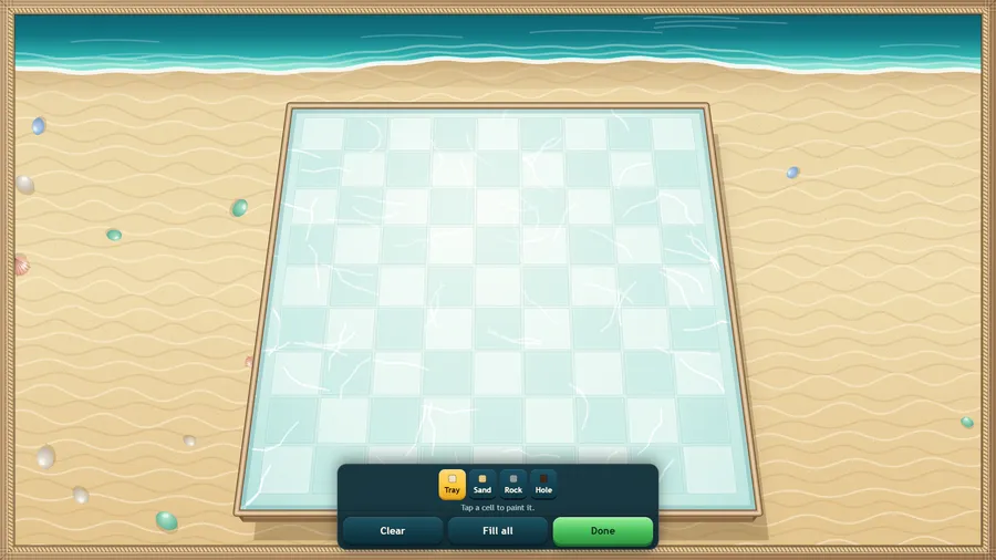 An empty tide-pool board in paint mode with Tray, Sand, Rock and Hole tools above Clear, Fill all and Done