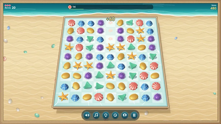 A board with a red-piece collection goal, 14 left to clear, and score 480 with 20 moves remaining.