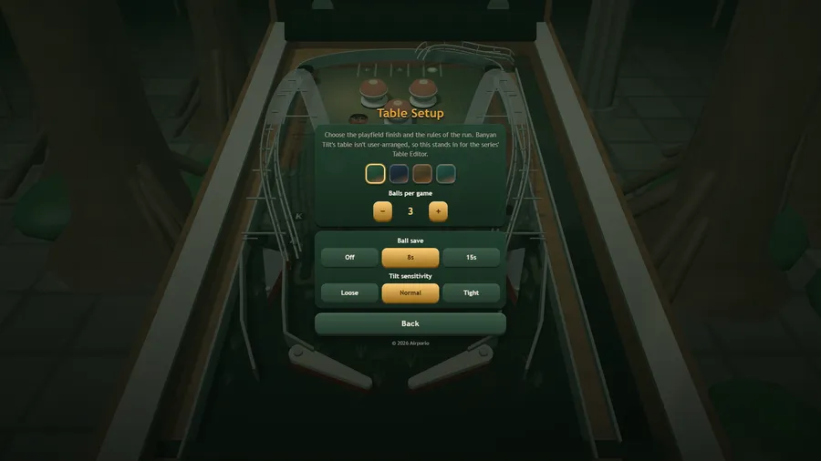 Table Setup: four playfield finishes, balls per game set to 3, ball save 8s, tilt sensitivity Normal