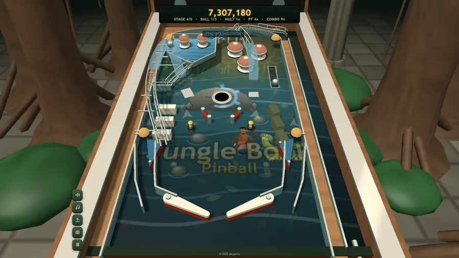 The Waingunga table, a blue river stage with a spinner and Mowgli on the water, score 7,307,180.
