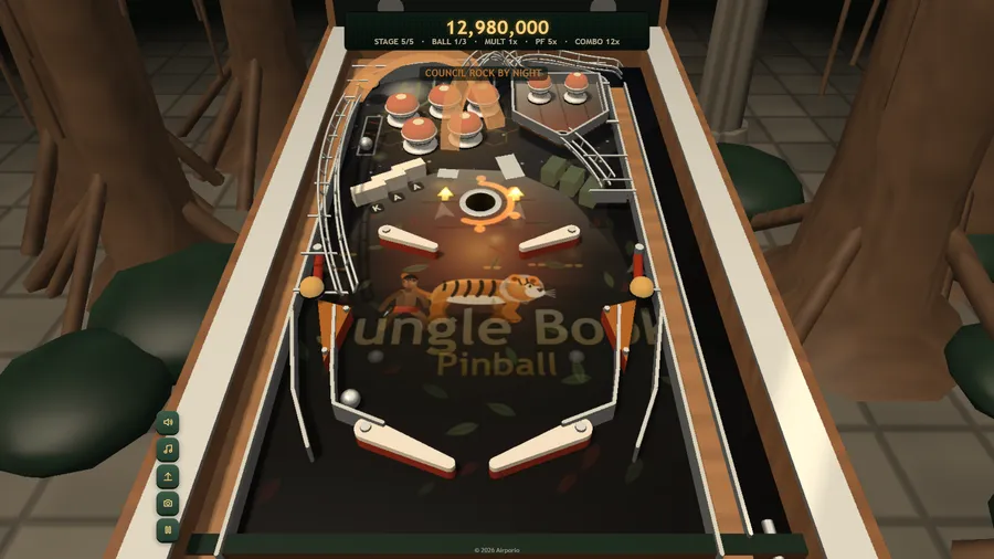 Council Rock by night: Shere Khan the tiger on the playfield, a high combo and score 12,980,000.