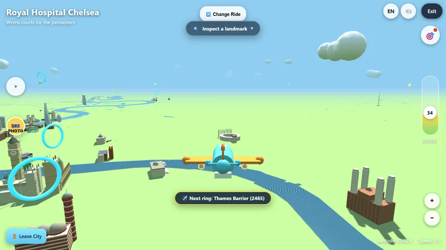A little plane over low-poly London and the Thames, Royal Hospital Chelsea named at the top left