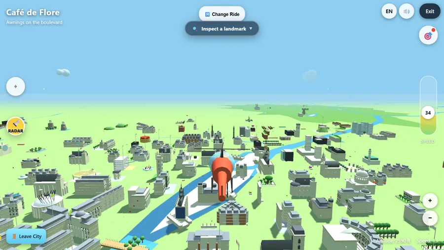 An orange helicopter over the Seine in low-poly Paris, Café de Flore named top left and a speed dial right