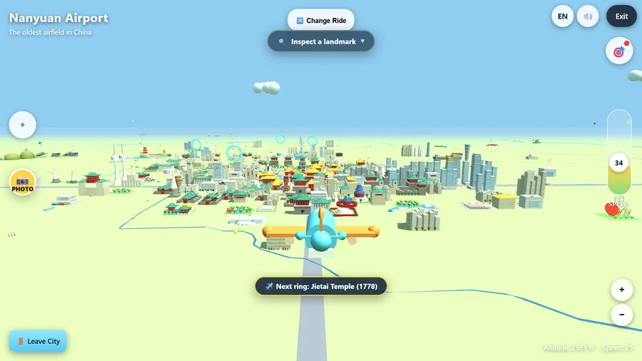 A little plane over Beijing's rooftops, Nanyuan Airport named top left, Next ring: Qianmen Dashilan Cinema below