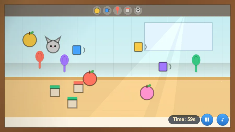 A sunlit room with five things to find along the top, Time: 59s bottom right, and lookalike fruit, mugs, spoons and jars