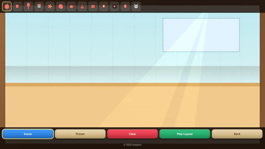 The Scene Editor on an empty room, an item palette along the top and Scene, Preset, Clear, Play Layout and Back below