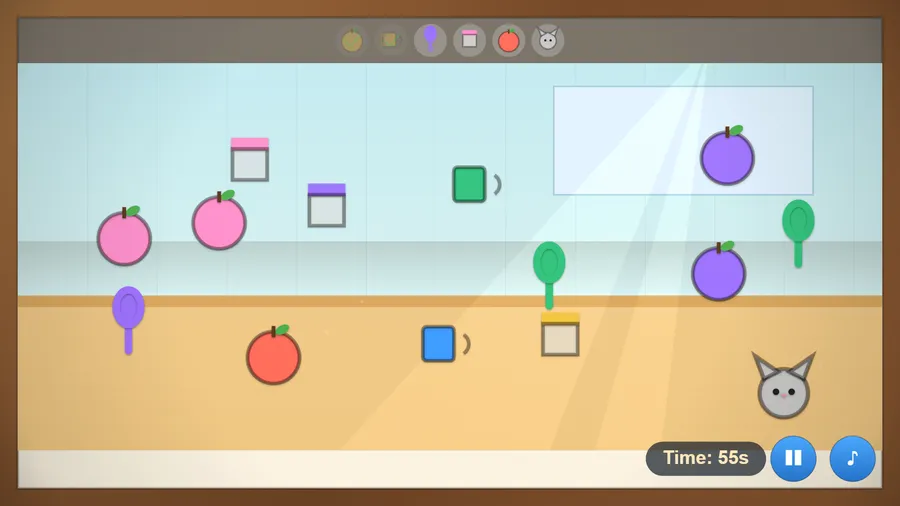 A second kitchen level with fruit, jars and a kitten, with the first two items already crossed off the list.