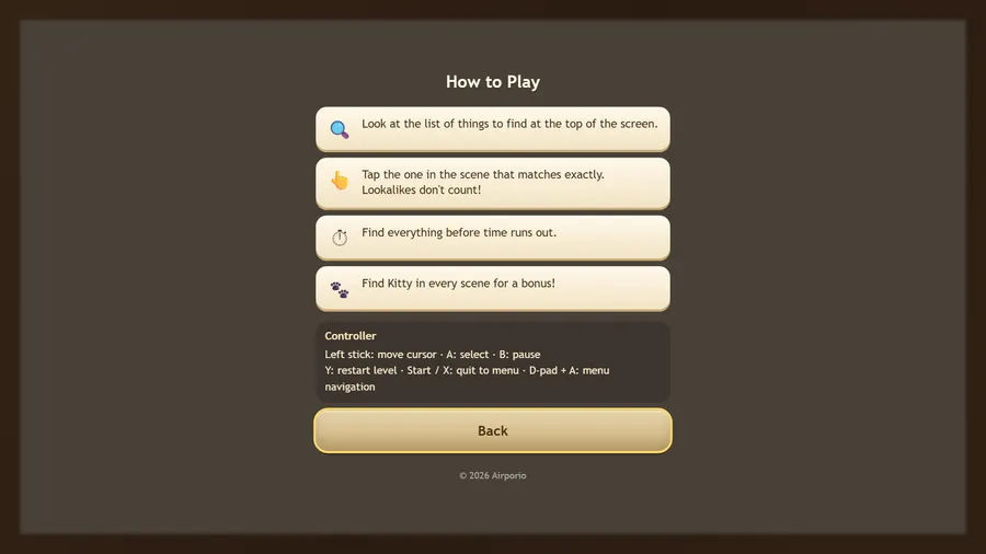 How to Play with four steps and a Controller box listing the gamepad buttons, above a Back button