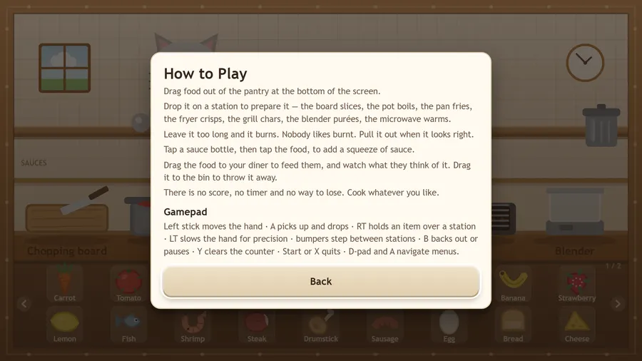 The How to Play card with six steps and a Gamepad section above a Back button, over the dimmed kitchen