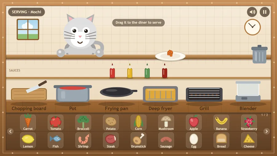 A grey cat diner waits at the counter while a plated egg sits ready and corn boils in the pot.