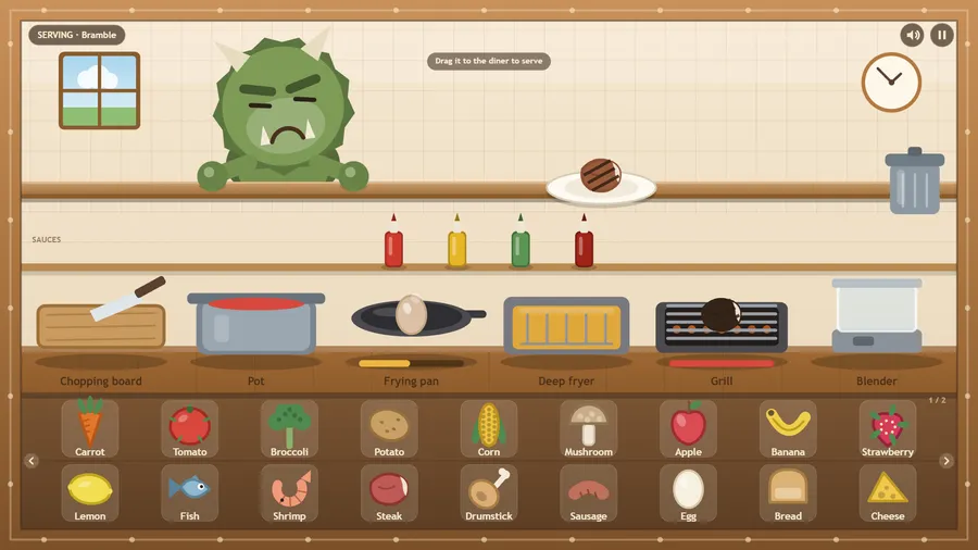 A scowling green spiky diner is served a grilled steak, with an egg frying in the pan and a charred item on the grill.