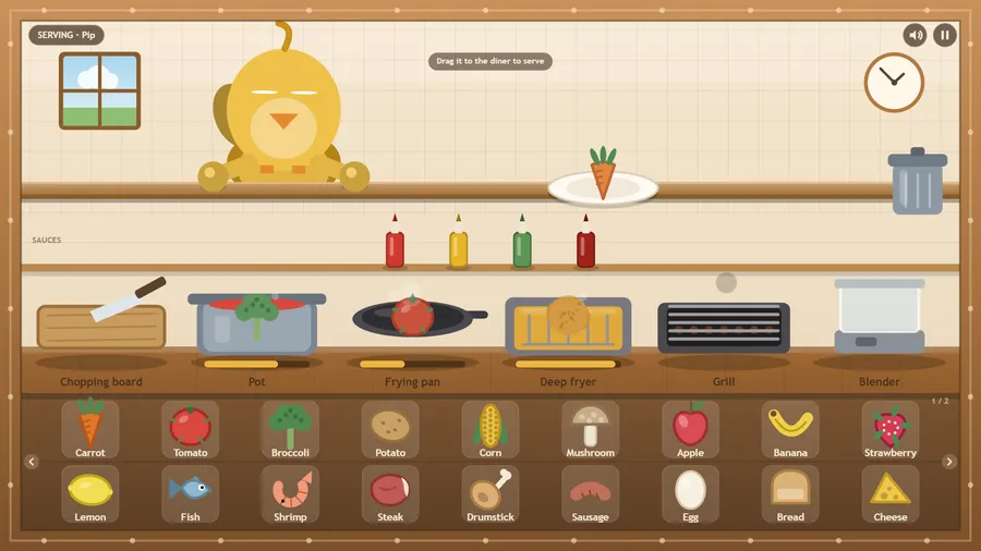 A yellow chick-like diner is offered a carrot while broccoli boils and a potato fries in the deep fryer.