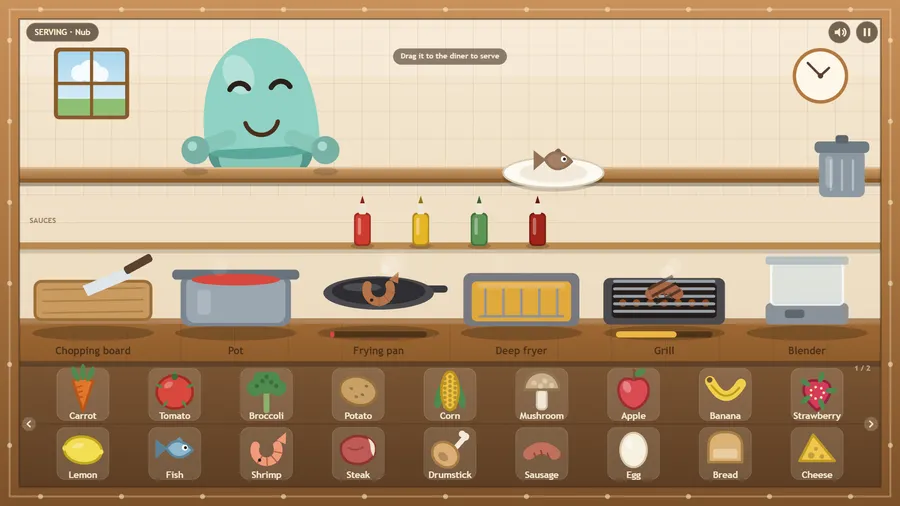 A smiling teal blob diner receives a fried fish, with shrimp in the pan and a sausage grilling.