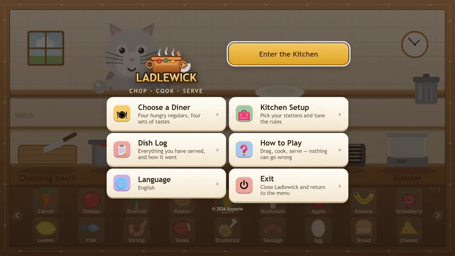 Ladlewick title menu over a grey cat: Enter the Kitchen above Choose a Diner, Kitchen Setup, Dish Log and How to Play