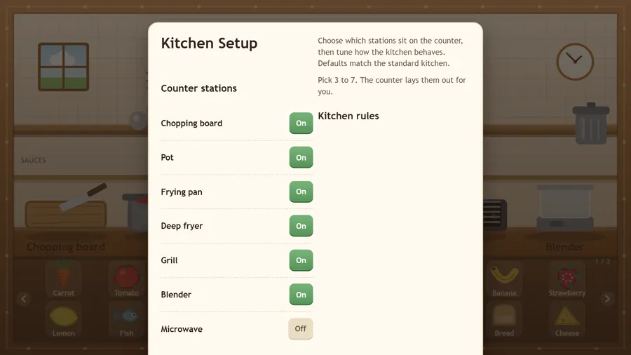 Kitchen Setup: six counter stations switched On, Microwave Off, and the kitchen rules panel beside them