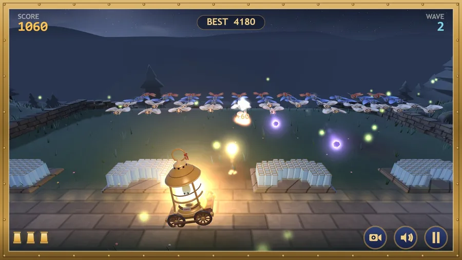 Close view of the brass lantern cart with its little flame face, moths flapping beyond the glass panes, a bonus of 60 popping