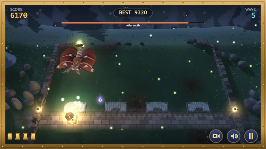 Wave 5 from above: a rust-winged Atlas moth sweeps over the ridge under its health bar as the lantern fires
