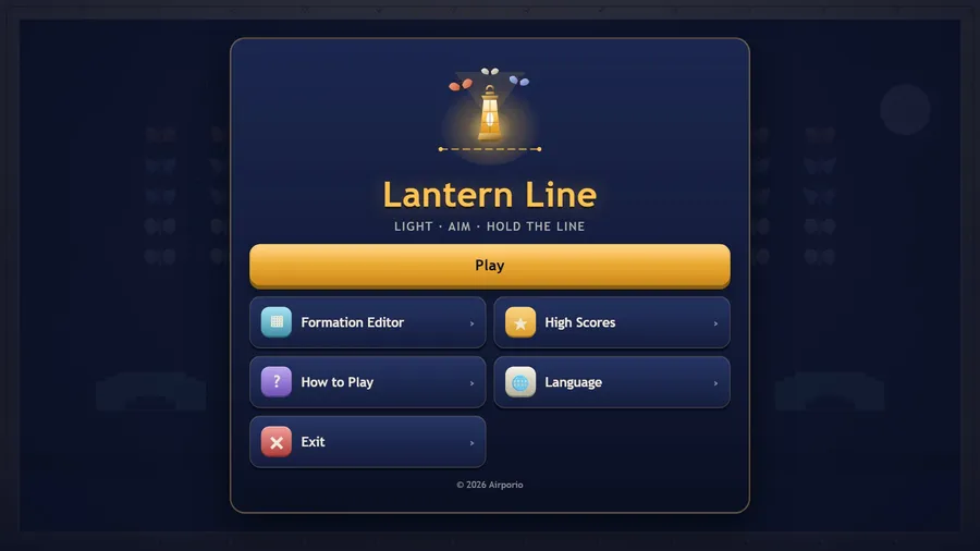 Menú principal de Lantern Line con un farol encendido sobre Play, Formation Editor, High Scores, How to Play, Language y Exit